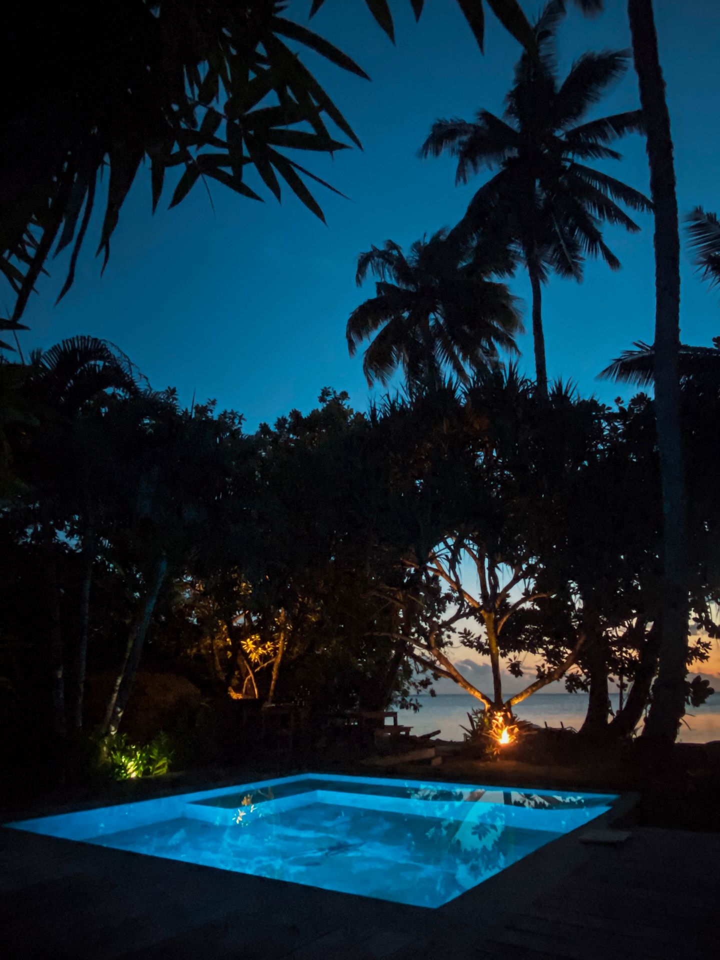 Private pool illuminated at night with palm trees at Villa Tamanu, Villa Mitirapa, Tahit